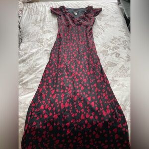 90s Black Red Heart Printed Vintage Babydoll Maxi Dress 6 Whimsigoth Pinup Retro